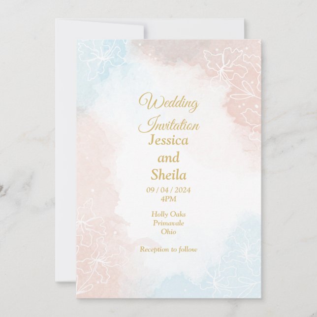 Elégante invitation de mariage, rose pâle et bleu (Devant)