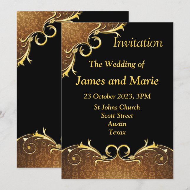 Elégante invitation de mariage, rouleau noir et or (Devant / Derrière)
