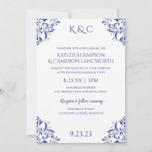 Élégante invitation de mariage vintage Bleu roya