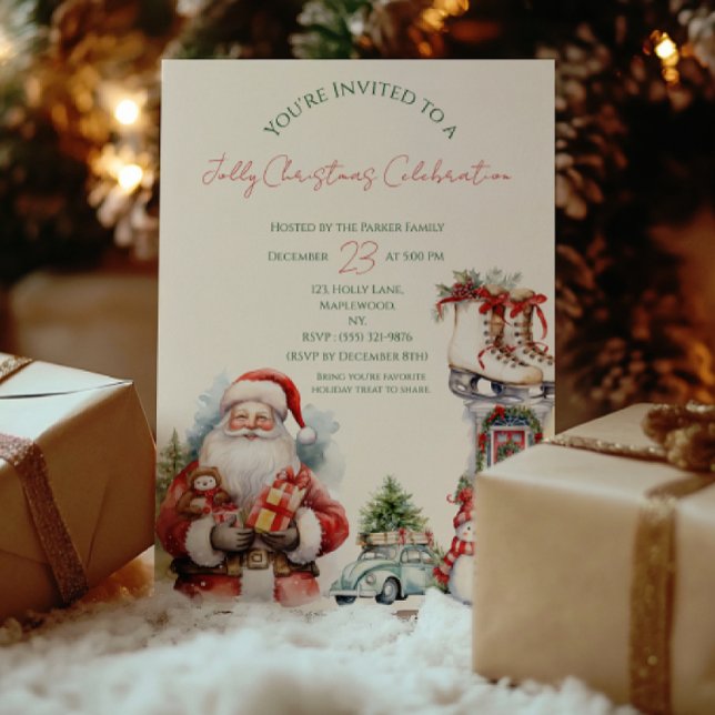 Élégante invitation de Noël en rouge et vert (Santa-themed Jolly Christmas Magic invitation card — perfect holiday invitation for family & friends)