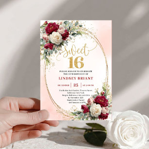 Élégante Invitation Douce 16 Or Florale Bourgogne