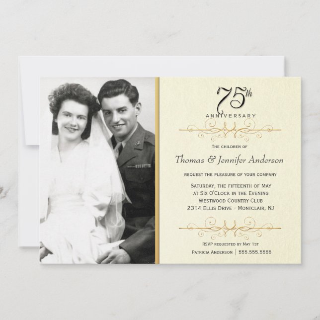 Élégante invitation du 75e anniversaire avec photo (Devant)