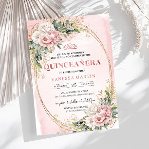 Élégante invitation Quinceañera fleurs or rose et