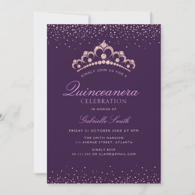 élégante invitation Quinceanera violet (Devant)