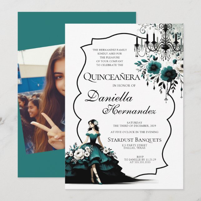 Elégante Invitation Turquoise Quinceañera (Devant / Derrière)