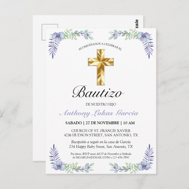 Elegante Lavanda Cruz De Oro Bautizo Invitación Postcard (Front/Back)