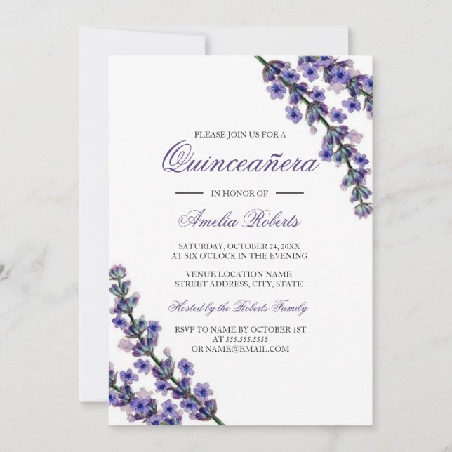 Élégante Lavande pourpre Quinceanera Invitation (Devant)
