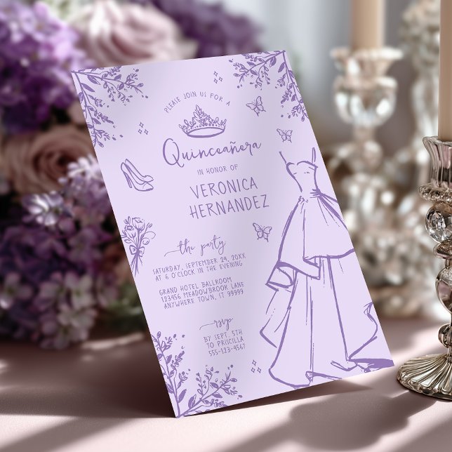 Élégante Lavande Scribble Quinceanera Invitation (Shown on a 5" x 7" invitation)