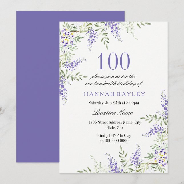 Élégante Lavande violette 100e Invitation d'annive (Devant / Derrière)