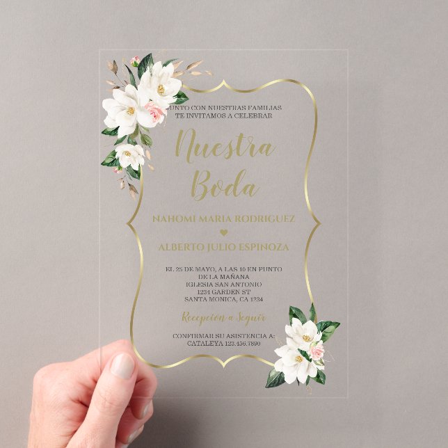 Elegante Magnolia Gold Spanish Nuestra Boda  Acrylic Invitations (Insitu (Handheld))