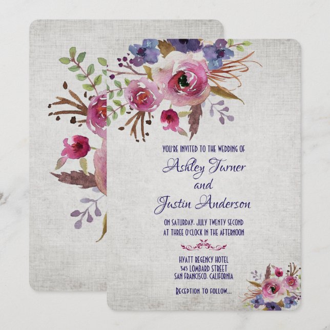 Elégante Mariage Aquarelle Fleurs Invitations (Devant / Derrière)
