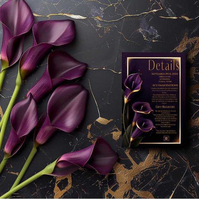 Élégante Mariage Lys pourpres Script Détails Carte (Stunning Royal Purple and Gold Wedding Details Enclosure Card)