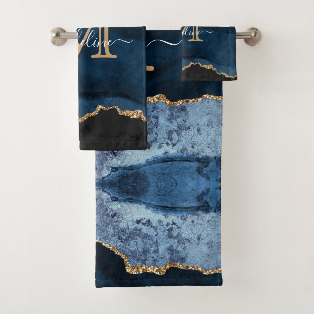 Elégante Marine Blue Agate Geode Moderne Monogramm (En situation)