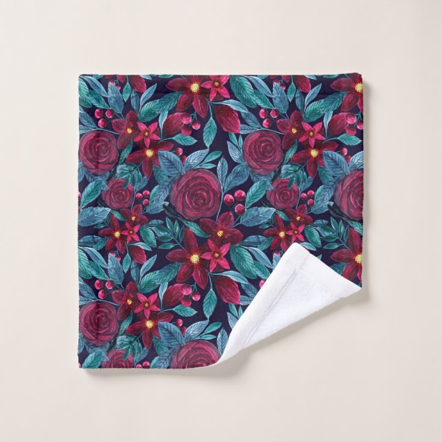 Elégante marine Bourgogne Noël Floral Aquarelle (Gant de toilette)