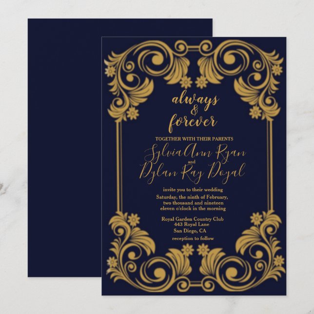 Elégante marine et Faire-part de mariage d'or (Devant / Derrière)