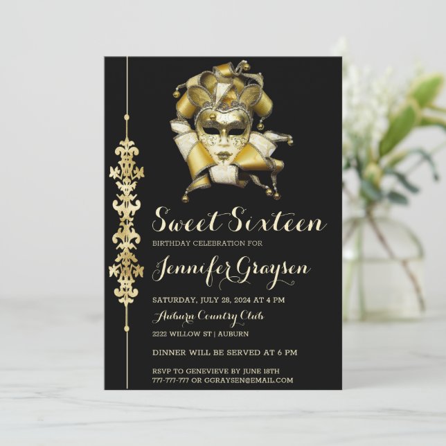 Elégante Masquerade Ball Anniversaire Invitation (Debout devant)