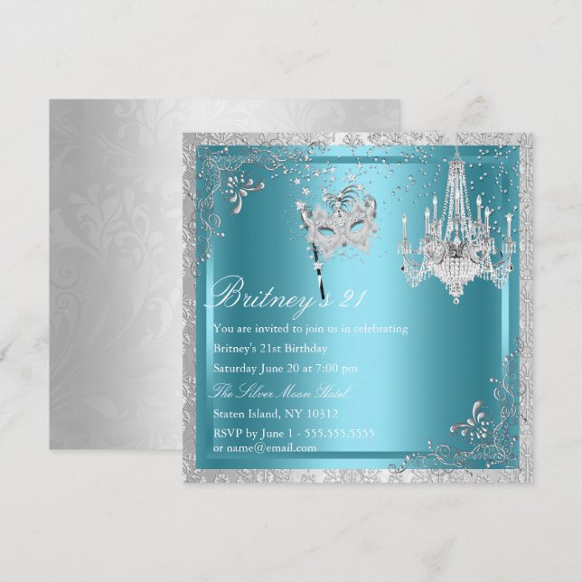 Elégante Masquerade Bleu & Argent 21ème Invitation (Devant / Derrière)