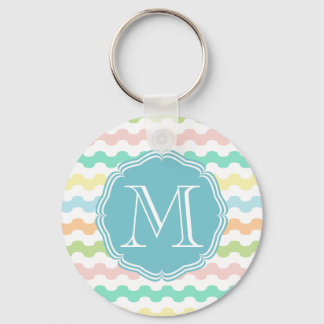 Elegante monograma azul con ondas de colores keychain