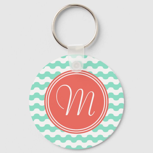 Elegante monograma coral con ondas en verde keychain (Front)