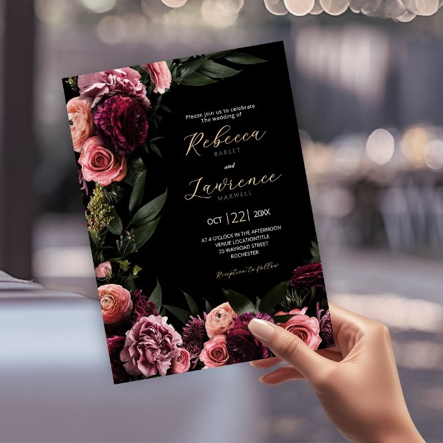 Élégante Moody fleurs faire-part de mariage noir (Créateur téléchargé)