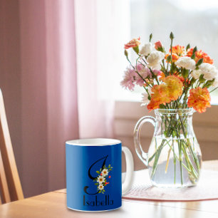 Élégante Mug florale initiale bleu