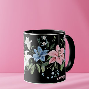 Élégante Mug personnalisée à la florale noire