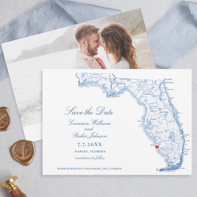 Elégante Naples Florida Mariage Navy Carte (Elegant Naples Florida Map Wedding Save the Dates in navy blue by Coastal Map Designs)
