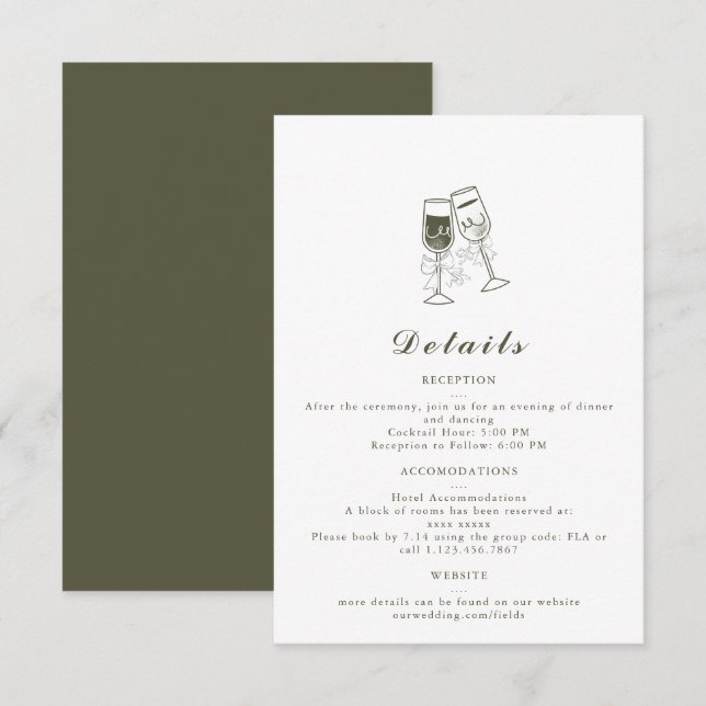 Elégante Olive wood Green Mariage Détails Carte (Devant / Derrière)