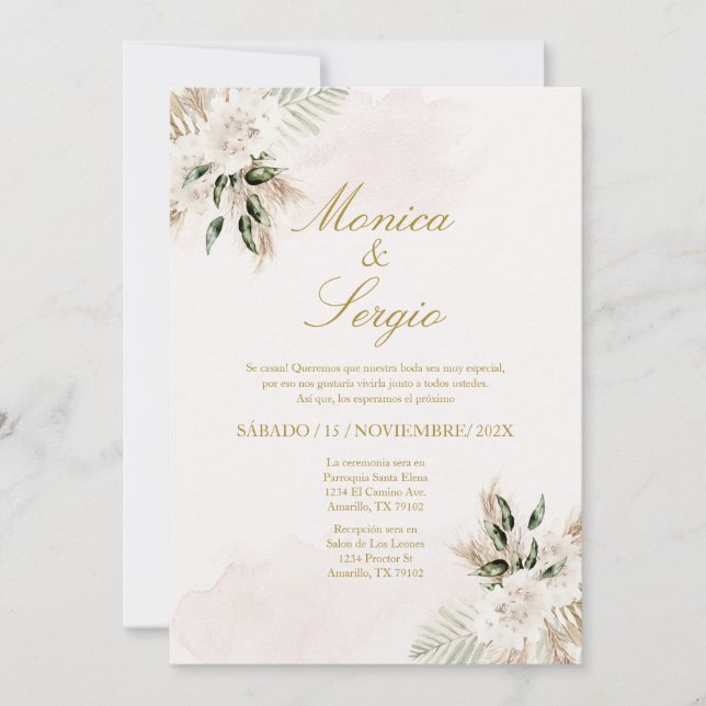 Elégante pampa beige Faire-part de mariage en espa (Devant)