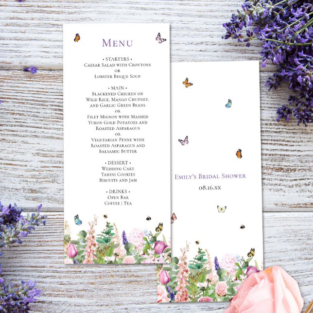 Elégante Papillons & Carte de menu Floral (Créateur téléchargé)