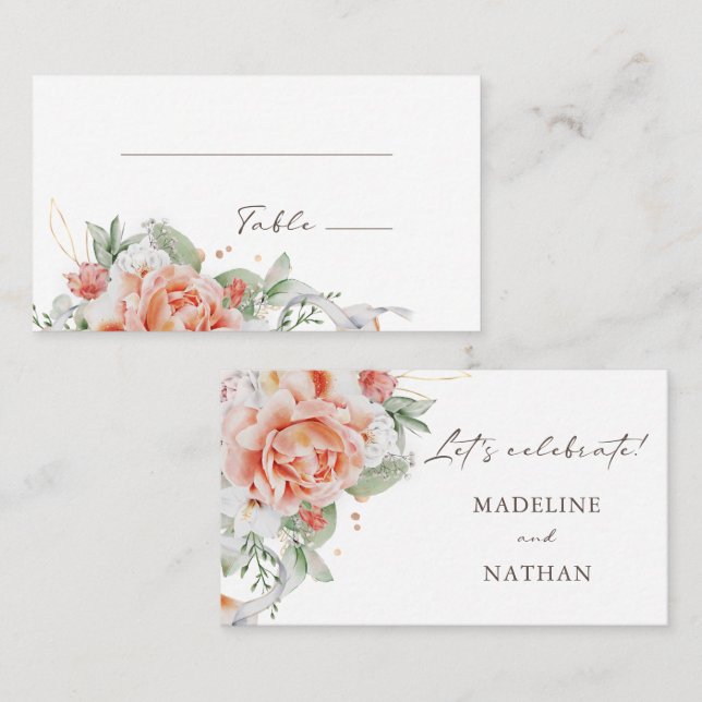 Elégante Peach Aquarelle Florale Plaque Cartes (Devant / Derrière)