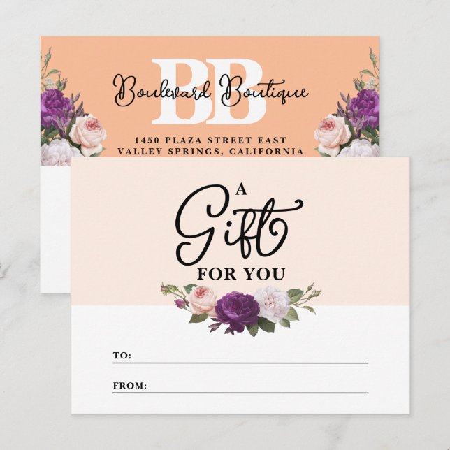Elégante Peach Floral Shop Carte de certificat cad (Devant / Derrière)