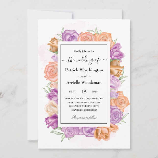 Elégante pêche et invitation à un mariage violet (Devant)