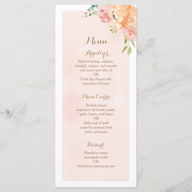 Elégante pêche fleur mariage menu de réception dîn (Devant)