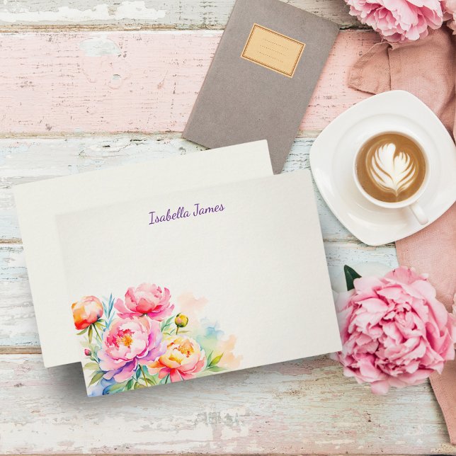 Elégante Peonies Aquarelle Florale Carte Note (Elegant peonies: A floral embrace to brighten your day with timeless charm.)