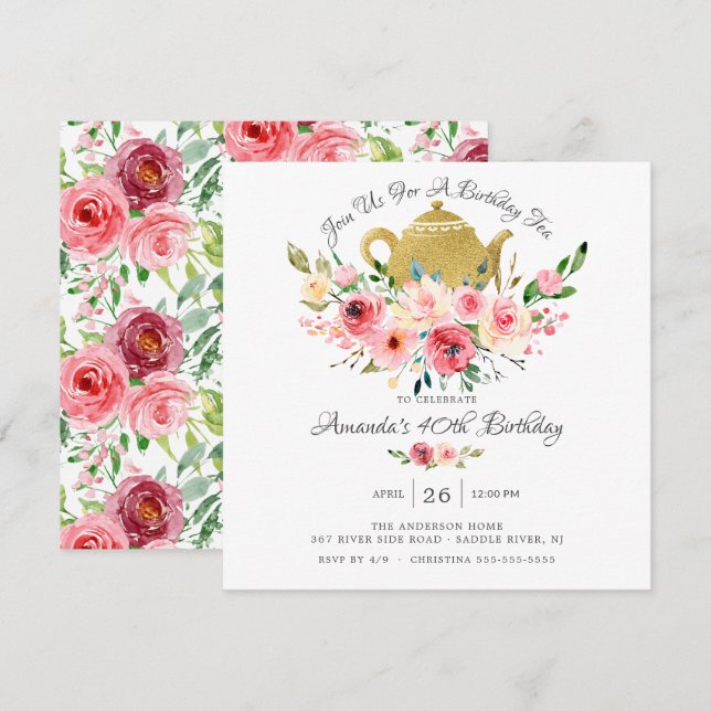 Elégante Peony Floral Anniversaire Thé Invitation (Devant / Derrière)