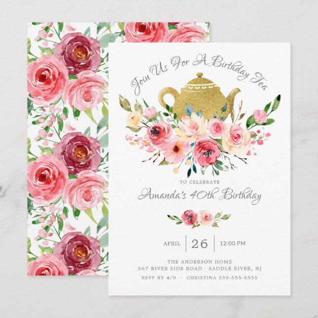 Elégante Peony Floral Anniversaire Thé Invitation (Devant / Derrière)