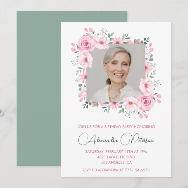 Elégante Photo Floral invitations 74e anniversaire (Devant / Derrière)