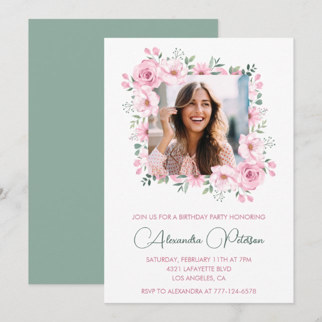 Elégante Photo Floral invitations à 46e anniversai (Devant / Derrière)