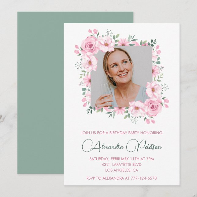 Elégante Photo Floral invitations à 64e anniversai (Devant / Derrière)