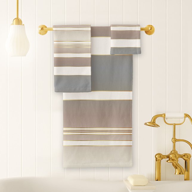 Elégante plage de sable Motif rayé (Striped bathroom towel set in a variety of beige and grey with ivory and tiny gold printed lines)