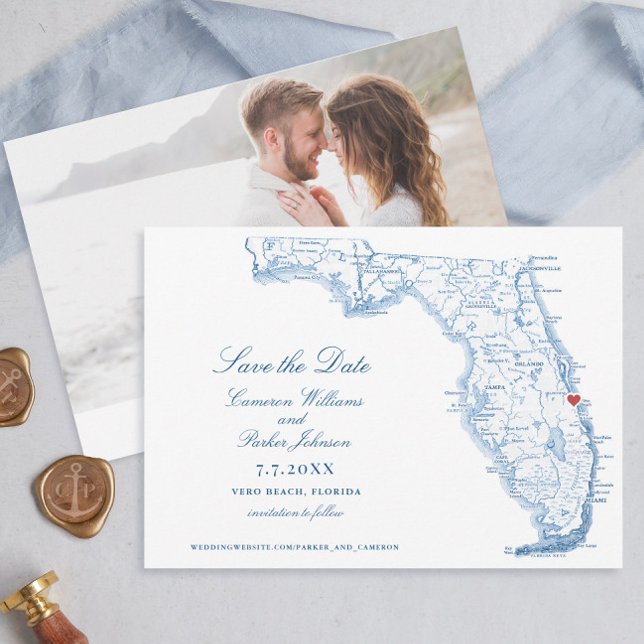 Elégante Plage Vero Floride Mariage Marine Carte (Elegant Vero Beach Florida wedding save the dates with navy blue map )