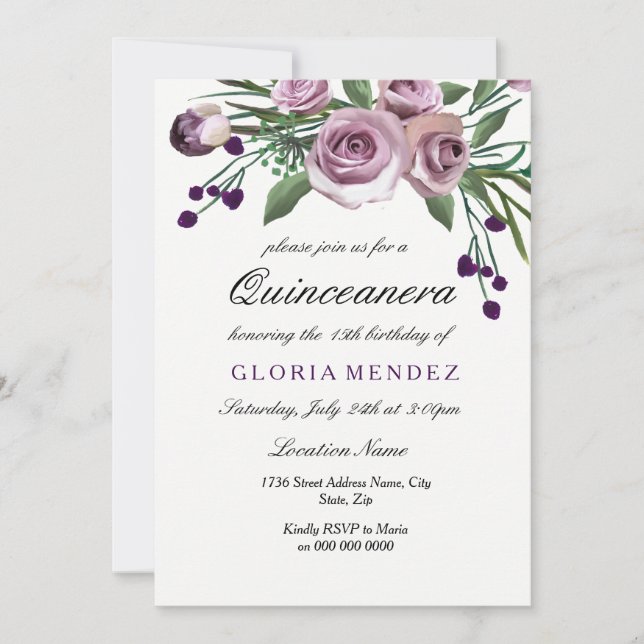 Élégante Plum violet Rose Quinceanera Invitation (Devant)