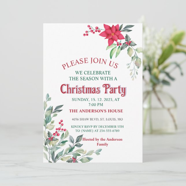 Elegante PoinsettiaGreen Leaves  Red Holly Berries Invitation (Standing Front)