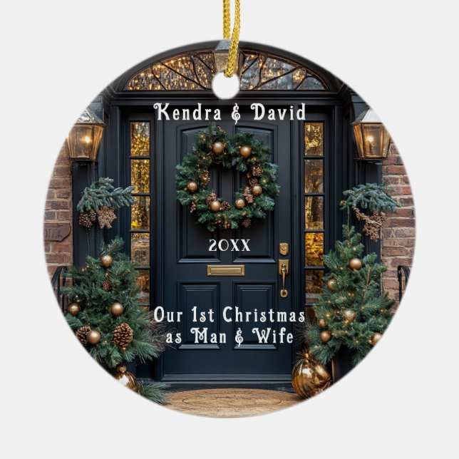 Élégante Porte Bleue Foncé Ornements Or Wreath (Devant)