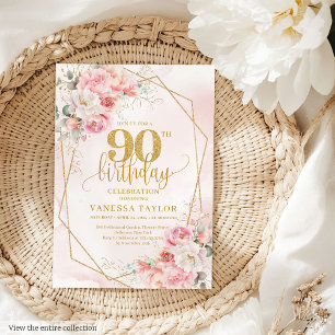 Élégante poudre rose or Fleurs 90e Invitation
