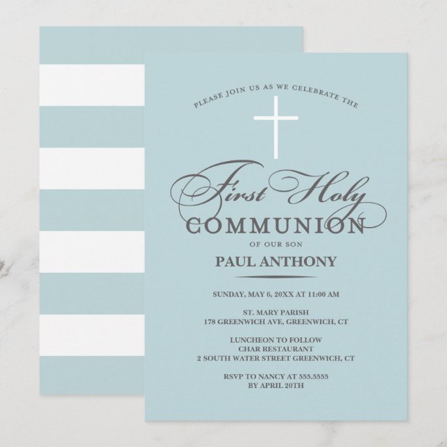 Élégante Première Sainte Communion Invitation Bleu (Devant / Derrière)