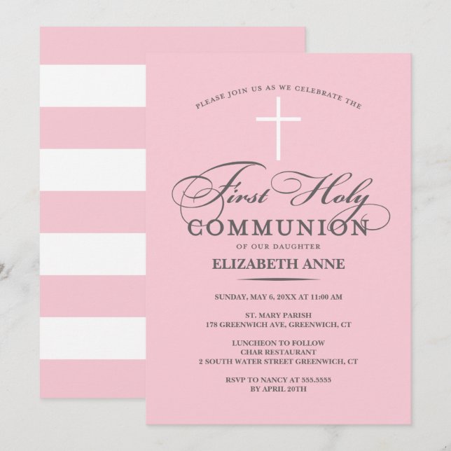 Élégante Première Sainte Communion Invitation rose (Devant / Derrière)