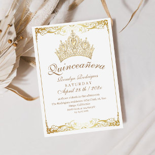 Elégante Quinceañera Gold Crown White Invitation