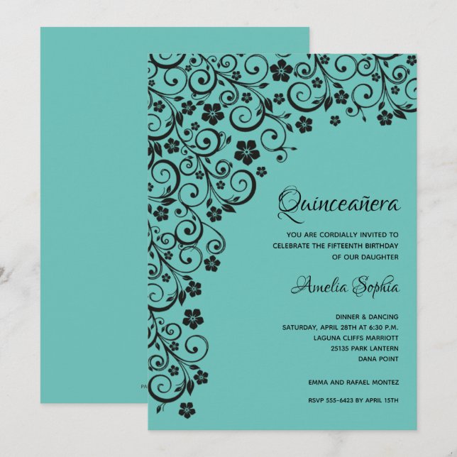 Elégante Quinceañera Invitation noire et Turquoise (Devant / Derrière)